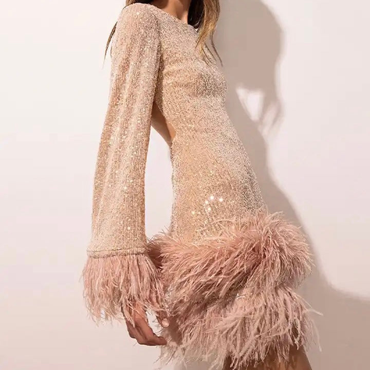 Sequin Feather Hem Cocktail Dress