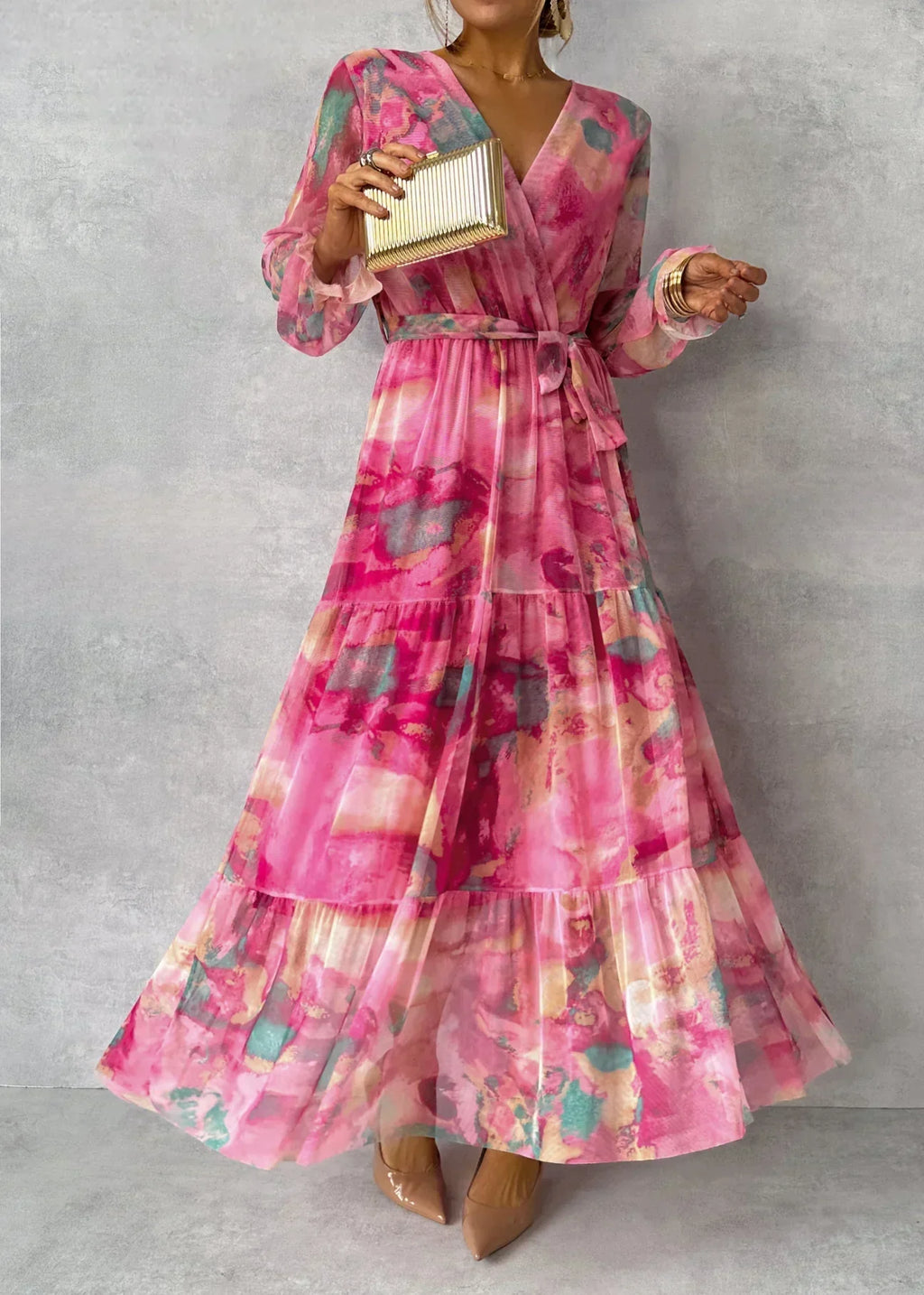 Women's Floral Wrap Maxi Dress with Long Sleeves