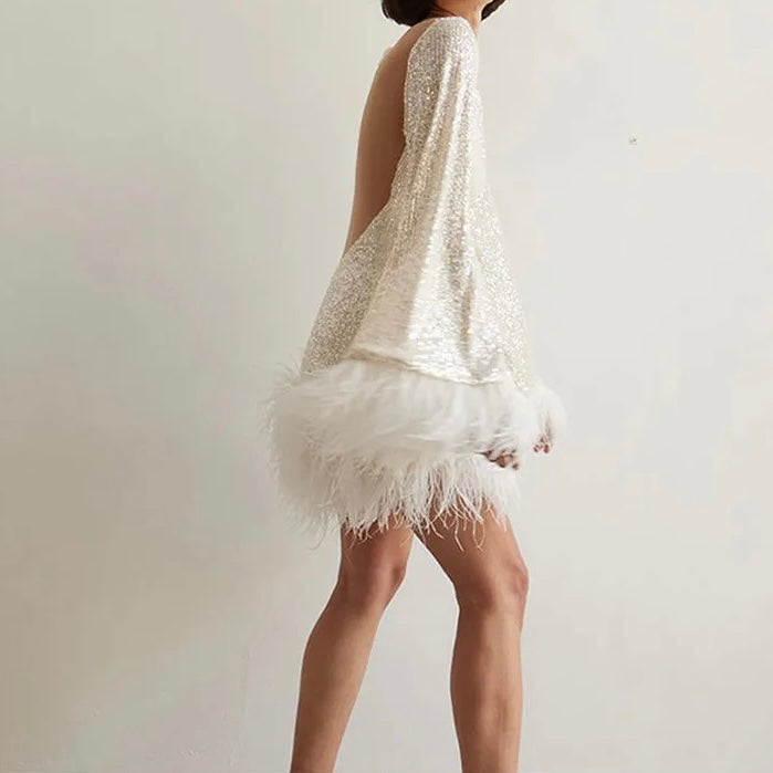 Sequin Feather Hem Cocktail Dress