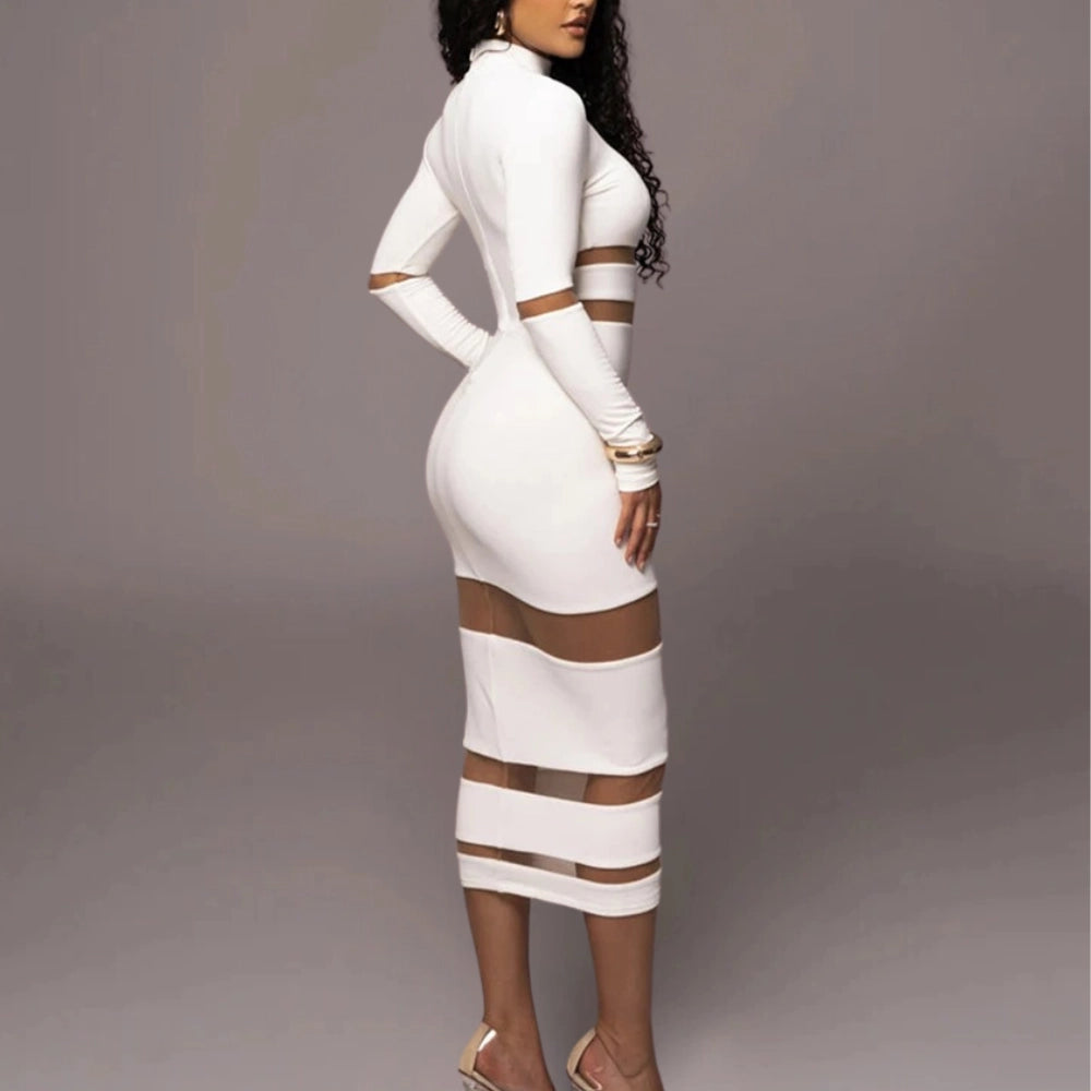 Anni Women's Bodycon Dress | Sheer Panel Striped Midi, Available in White and Black 1