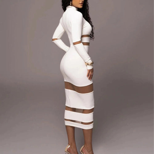 Anni Women's Bodycon Dress | Sheer Panel Striped Midi, Available in White and Black 1