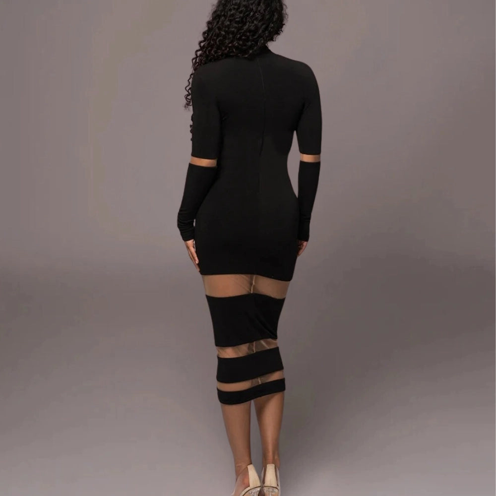 Anni Women's Bodycon Dress | Sheer Panel Striped Midi, Available in White and Black 2