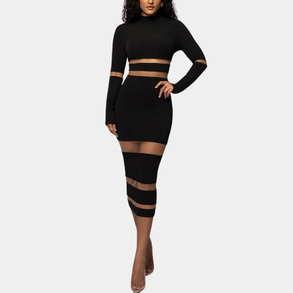 Anni Women's Bodycon Dress | Sheer Panel Striped Midi, Available in White and Black 6
