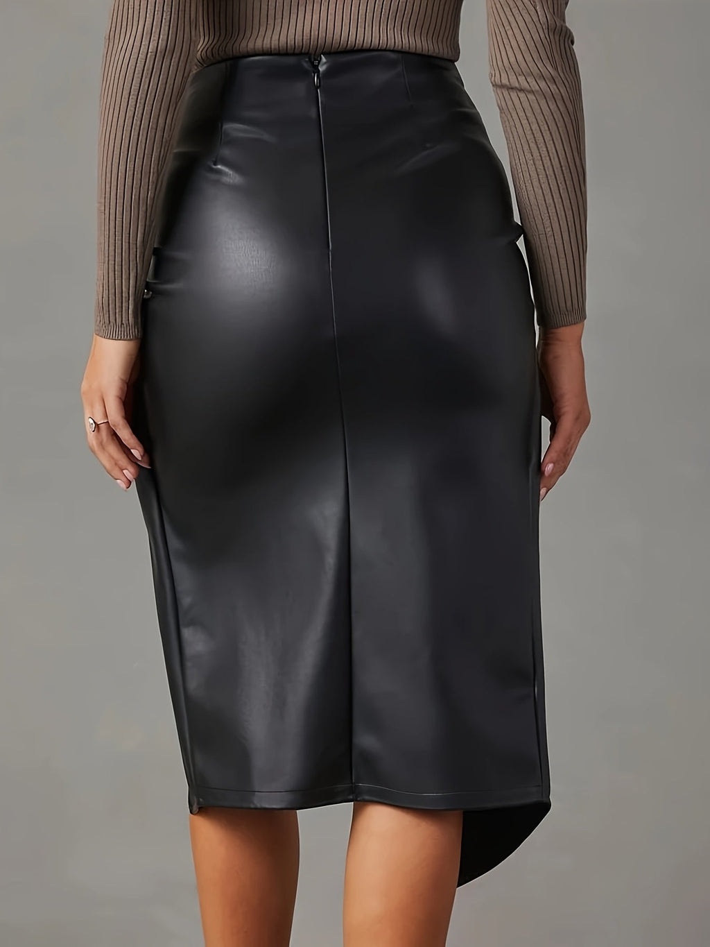 Ava Women's Midi Skirt | Premium Vegan Leather, Asymmetrical Design 3