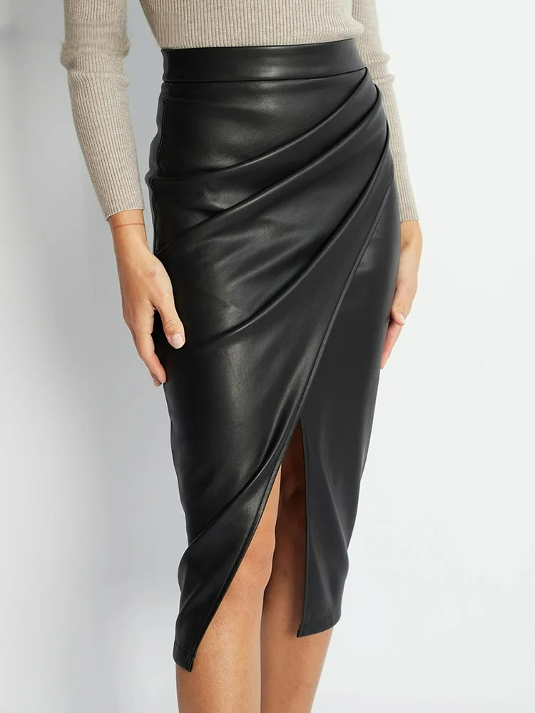 Ava Women's Midi Skirt | Vegan Leather, Front Slit Design 1