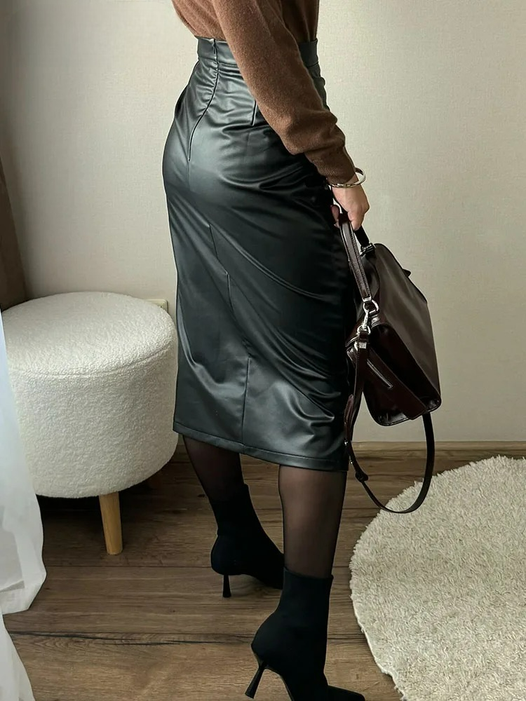 Ava Women's Midi Skirt | Vegan Leather, Front Slit Design 4