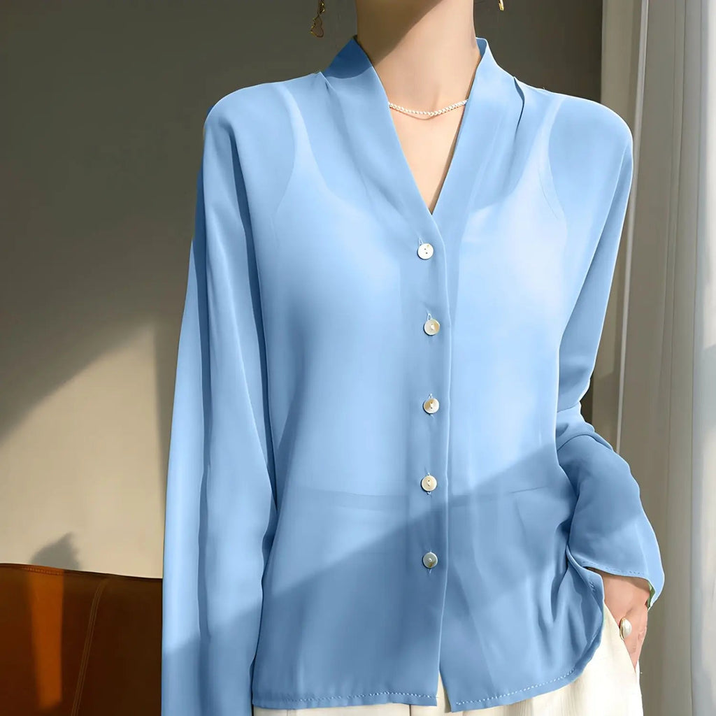 Ava Women's Silk Blouse | Soft Finish, V-Neck, Pearl Buttons 0