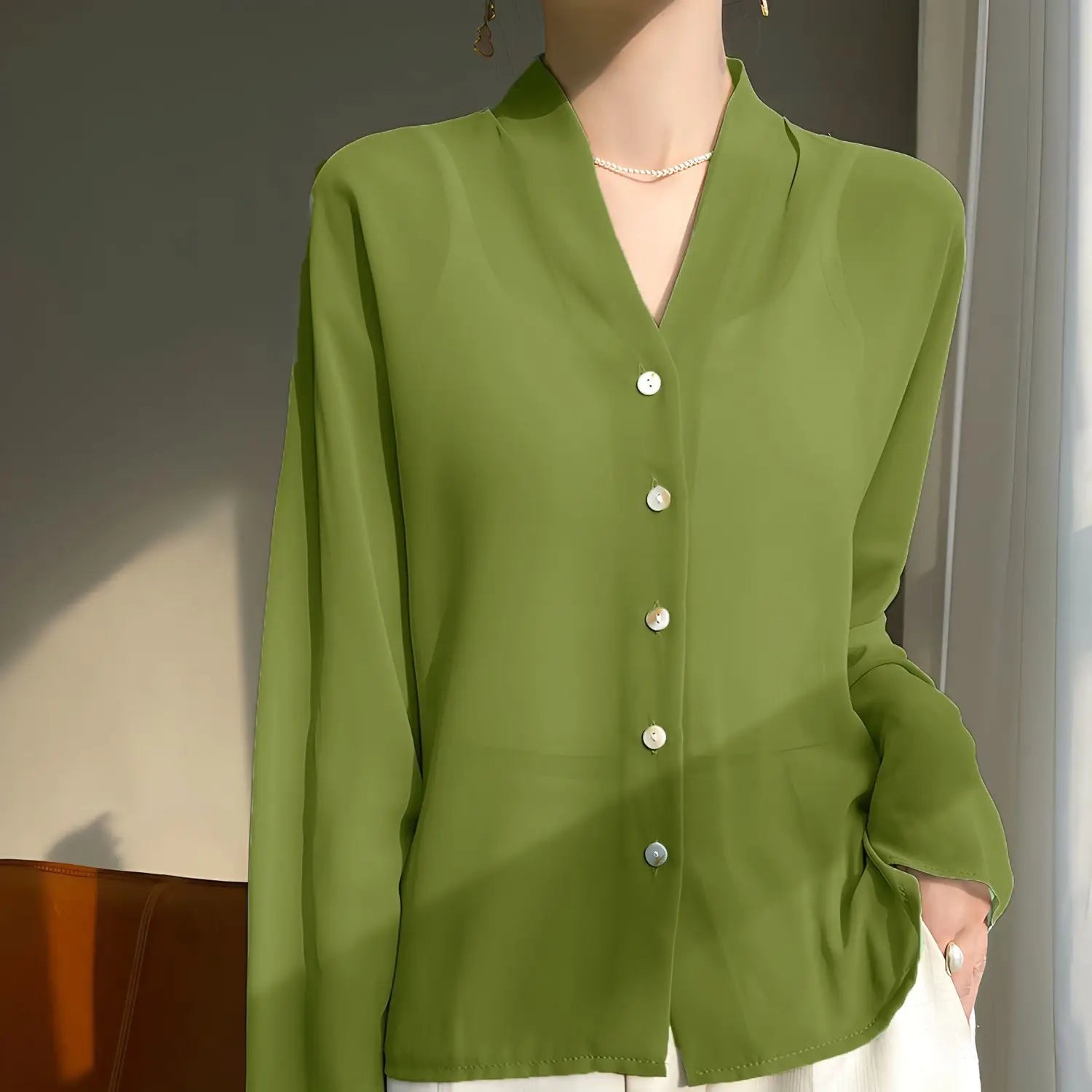 Ava Women's Silk Blouse | Soft Finish, V-Neck, Pearl Buttons 2