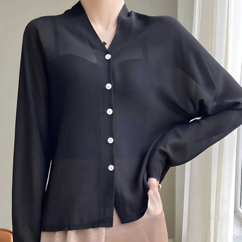 Ava Women's Silk Blouse | Soft Finish, V-Neck, Pearl Buttons 5