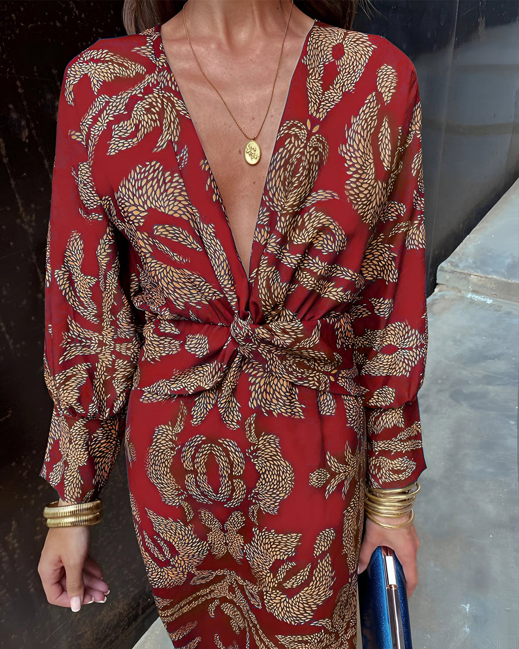 Blue Floral Midi Dress - V-Neck Long Sleeve Fall Fashion