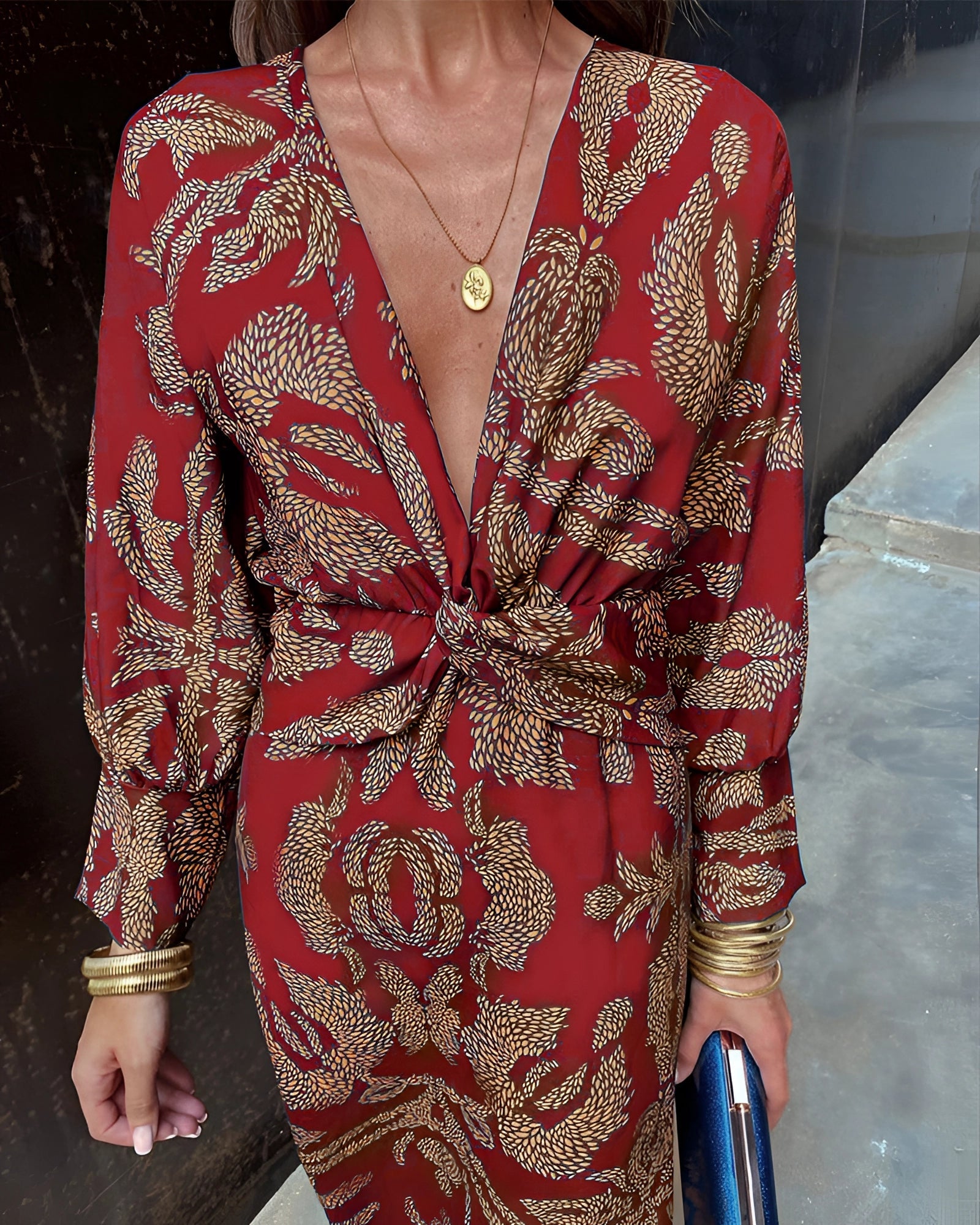 Blue Floral Midi Dress - V-Neck Long Sleeve Fall Fashion