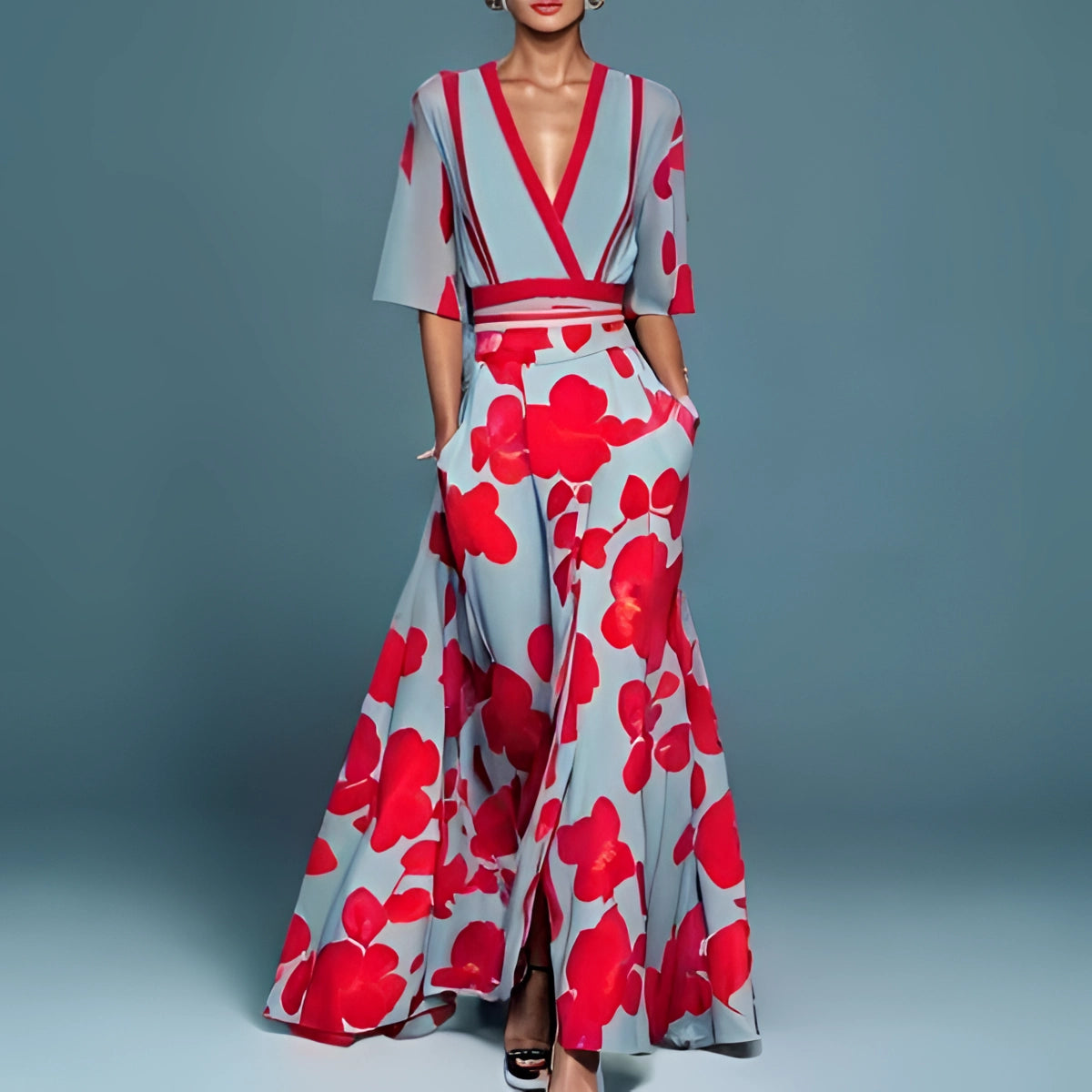 Floral Maxi Dress - Red Poppy Print, V-Neck, Belted, High Slit