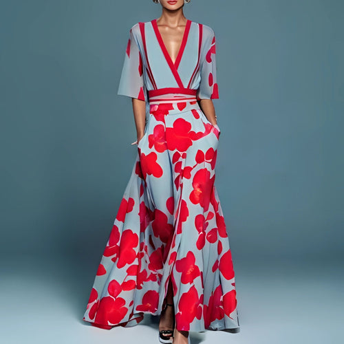 Floral Maxi Dress - Red Poppy Print, V-Neck, Belted, High Slit