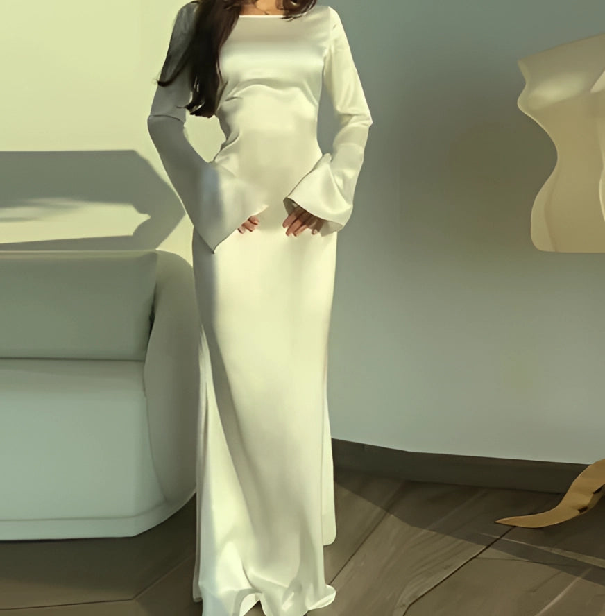 Ivory Long Sleeve Satin Gown - Elegant Formal Evening/Wedding Dress