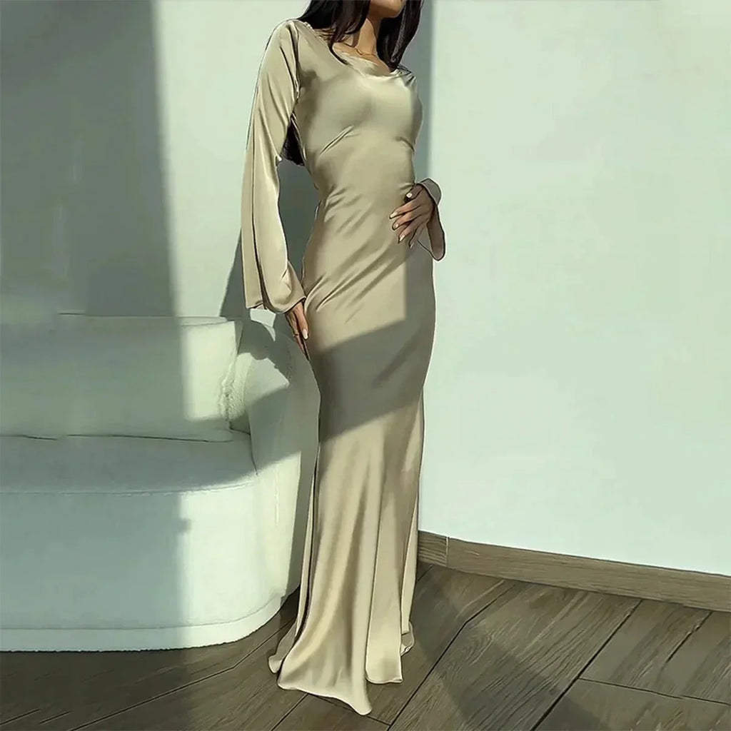Ivory Long Sleeve Satin Gown - Elegant Formal Evening/Wedding Dress
