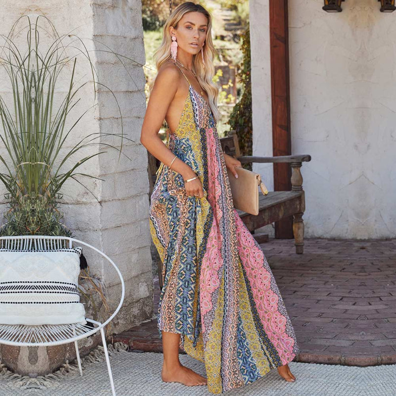 Bella Women's Maxi Dress | Bohemian Print, Deep V-Neck 2