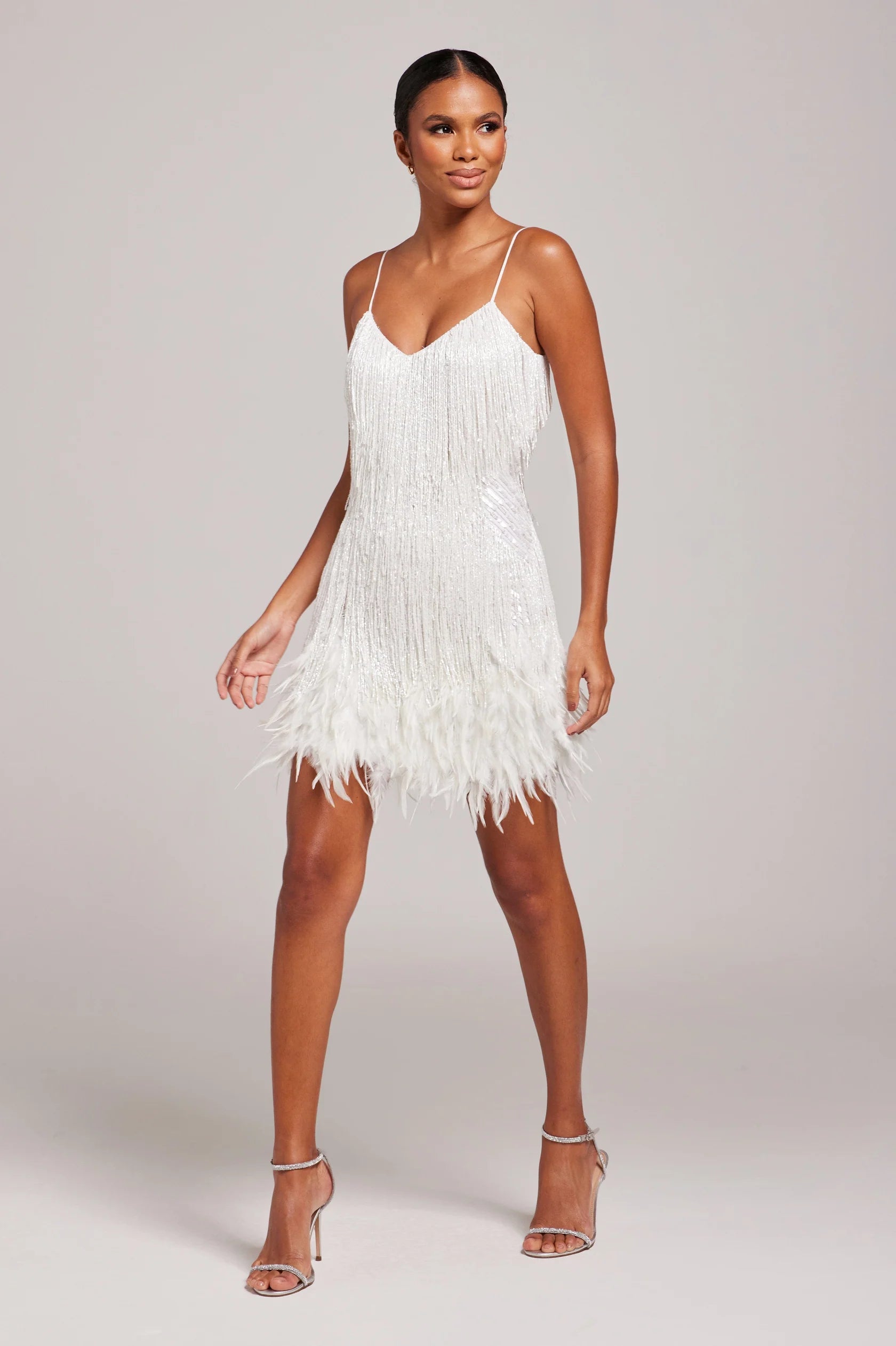 Bella Women's Mini Cocktail Dress | Beaded Fringe & Feather Trim 1
