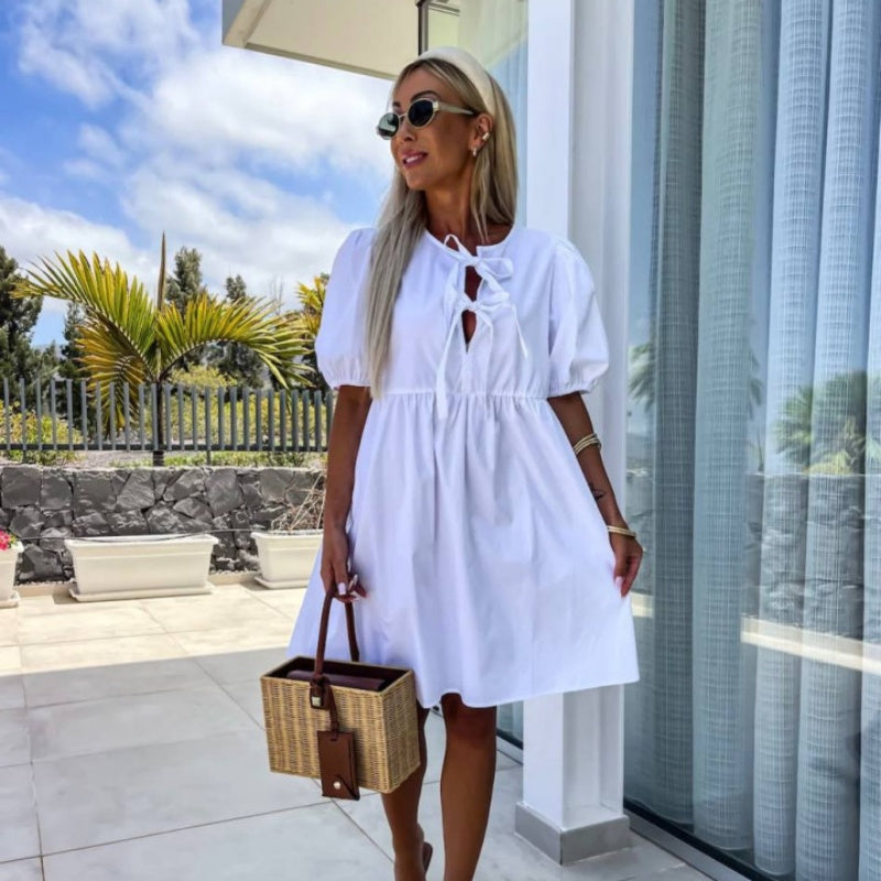 Bella Women's Mini Dress | Puff Sleeves with Bow Detail 3