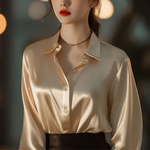 Elessia Women's Shirt | Satin-Silk Blend, Classic Button-Up Blouse 0