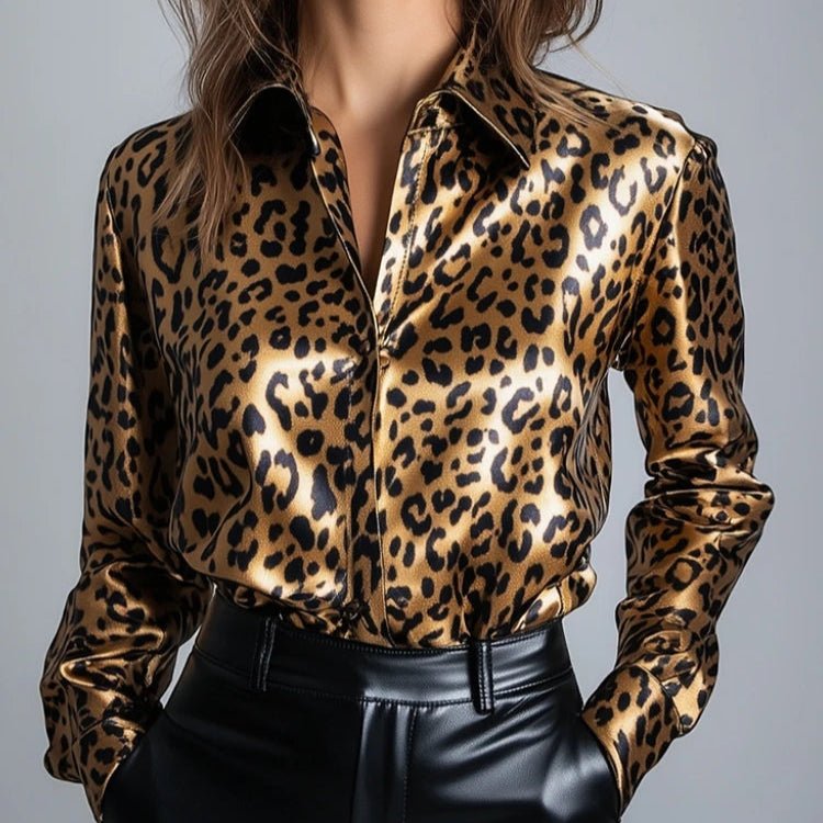 Evelyn Women's Top | Glossy Satin Leopard Print Blouse for Going Out 0