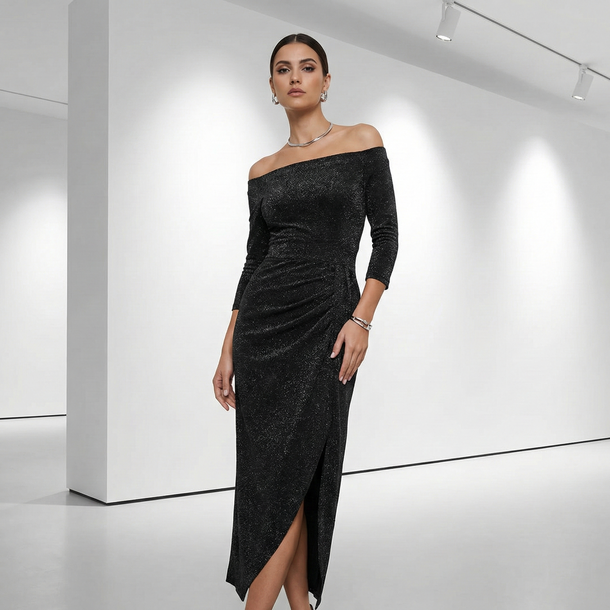 Women's Off-Shoulder Midi Dress With Ruched Side Detail And Front Slit