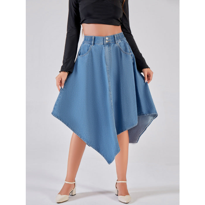 Heidi Women's Denim Skirt | Asymmetrical Hem Design, Elastic Waistband 0