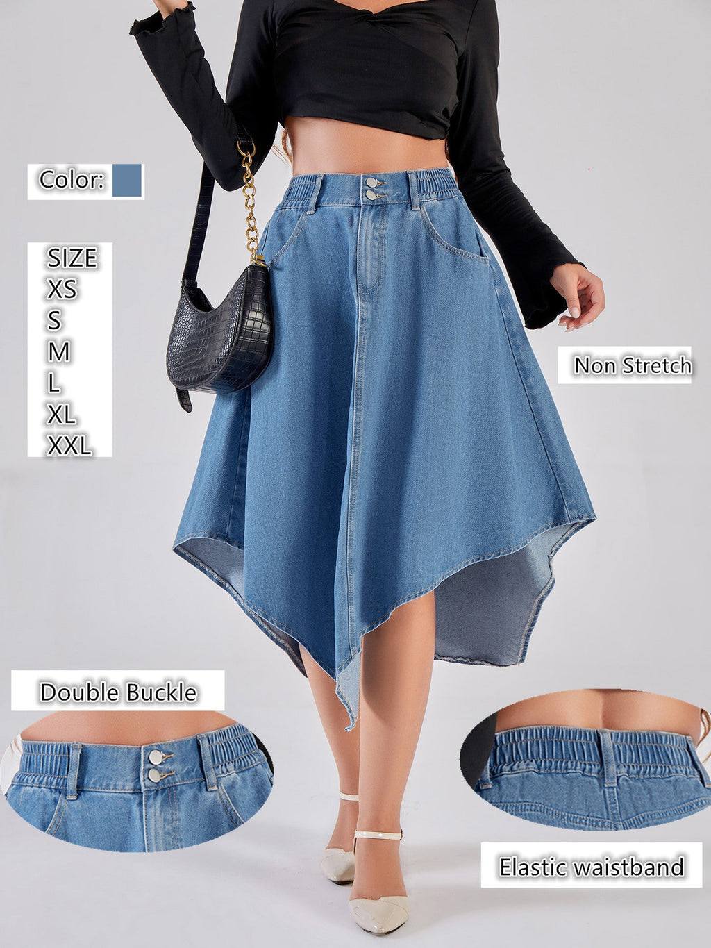Heidi Women's Denim Skirt | Asymmetrical Hem Design, Elastic Waistband 1