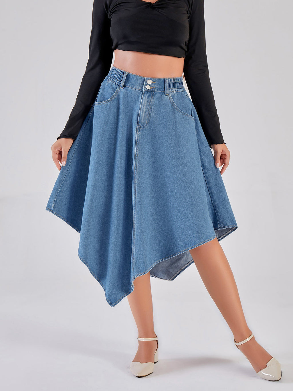 Heidi Women's Denim Skirt | Asymmetrical Hem Design, Elastic Waistband 2