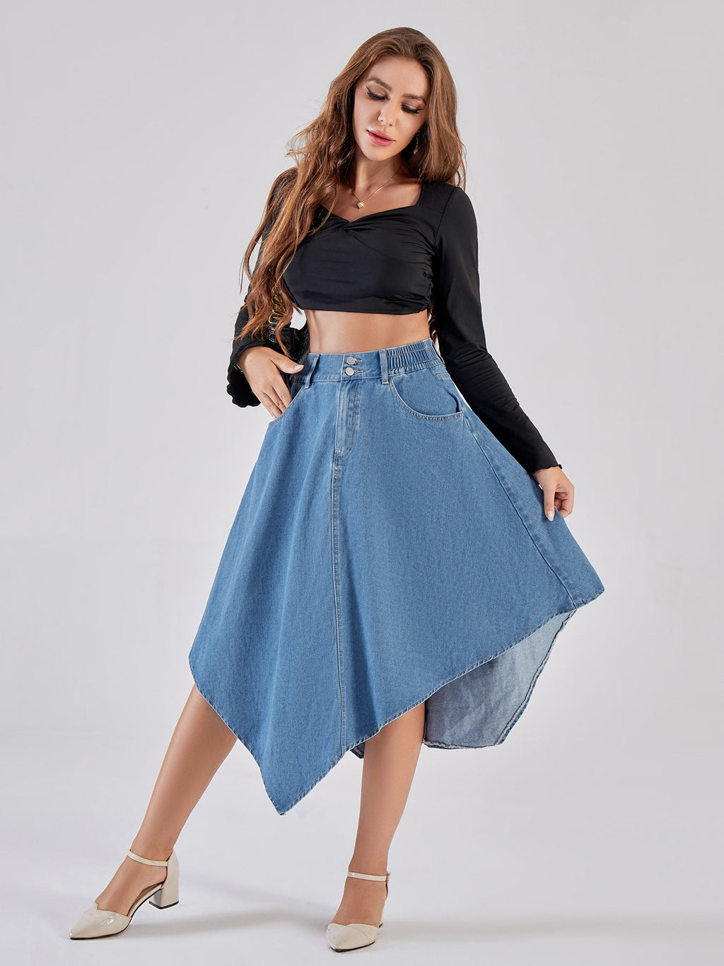 Heidi Women's Denim Skirt | Asymmetrical Hem Design, Elastic Waistband 3