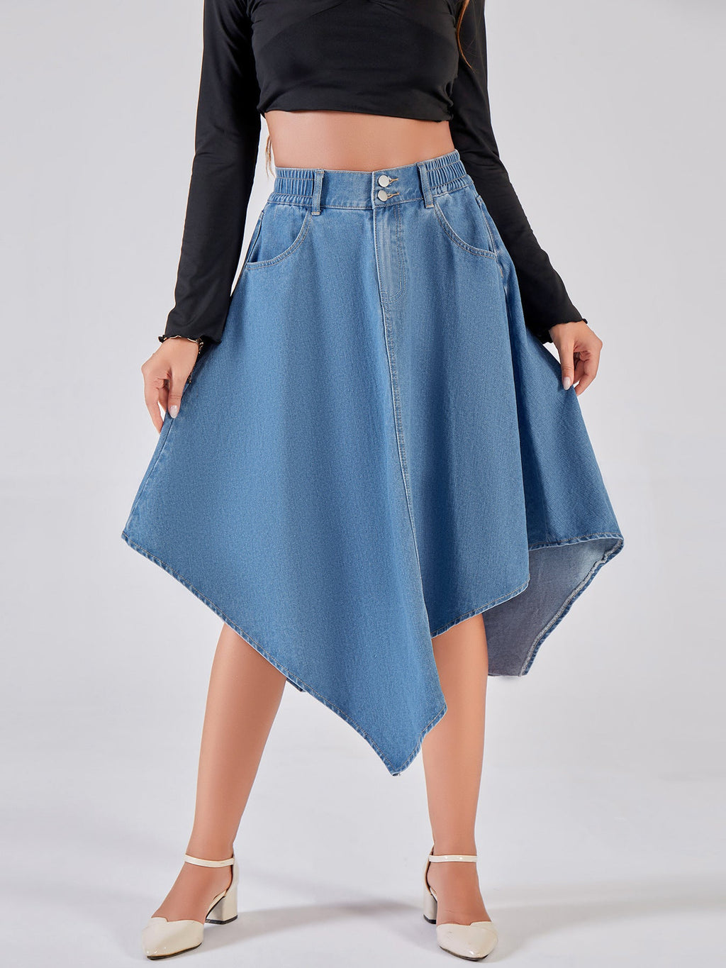 Heidi Women's Denim Skirt | Asymmetrical Hem Design, Elastic Waistband 4