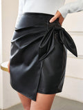 Hera Women's Black Mini Skirt | Faux Leather, Side Knot Detail 0