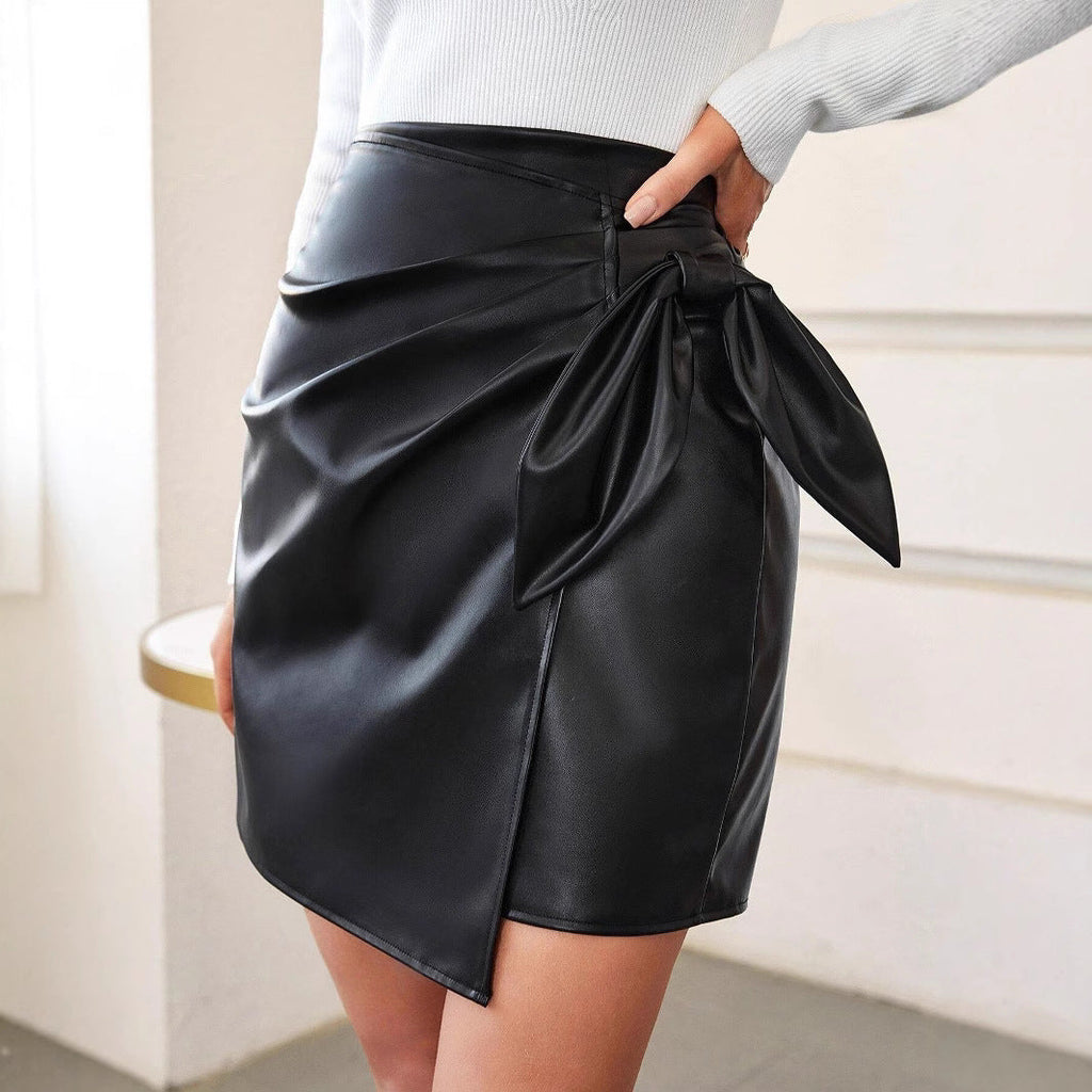 Hera Women's Black Mini Skirt | Faux Leather, Side Knot Detail 1