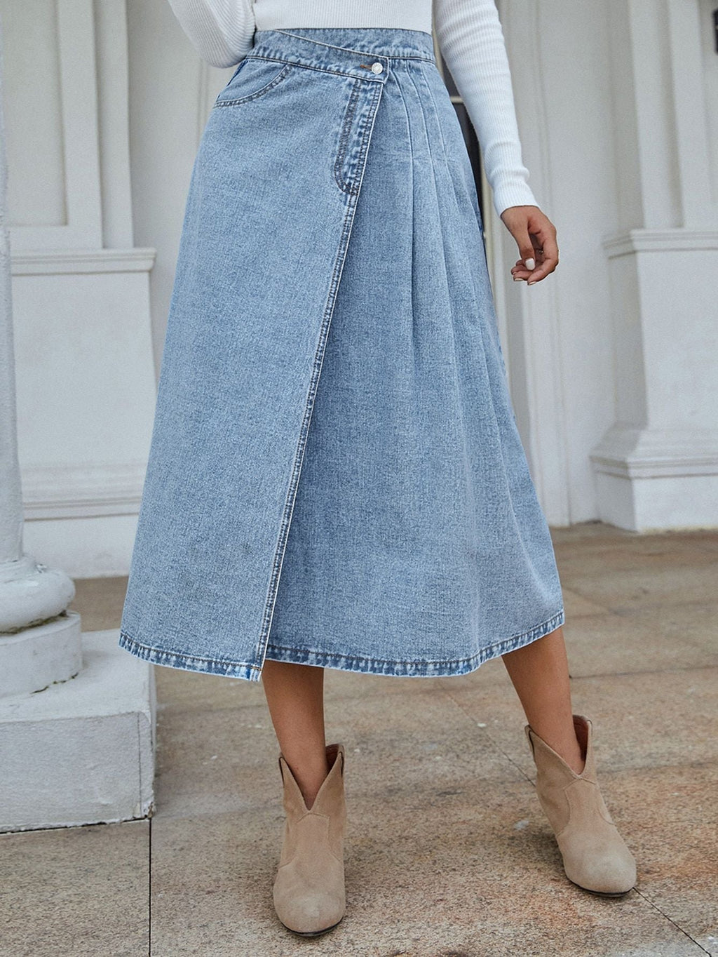Hera Women's Denim Midi Skirt | Asymmetrical Cut, Button Details 0