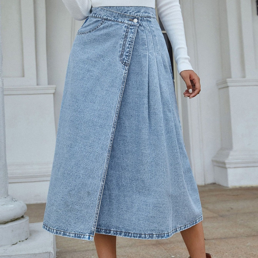 Hera Women's Denim Midi Skirt | Asymmetrical Cut, Button Details 1
