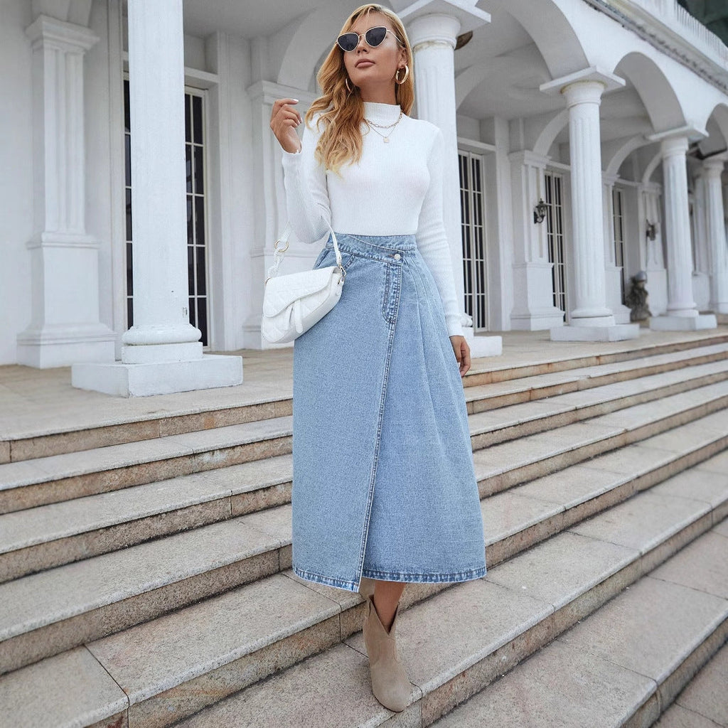 Hera Women's Denim Midi Skirt | Asymmetrical Cut, Button Details 4