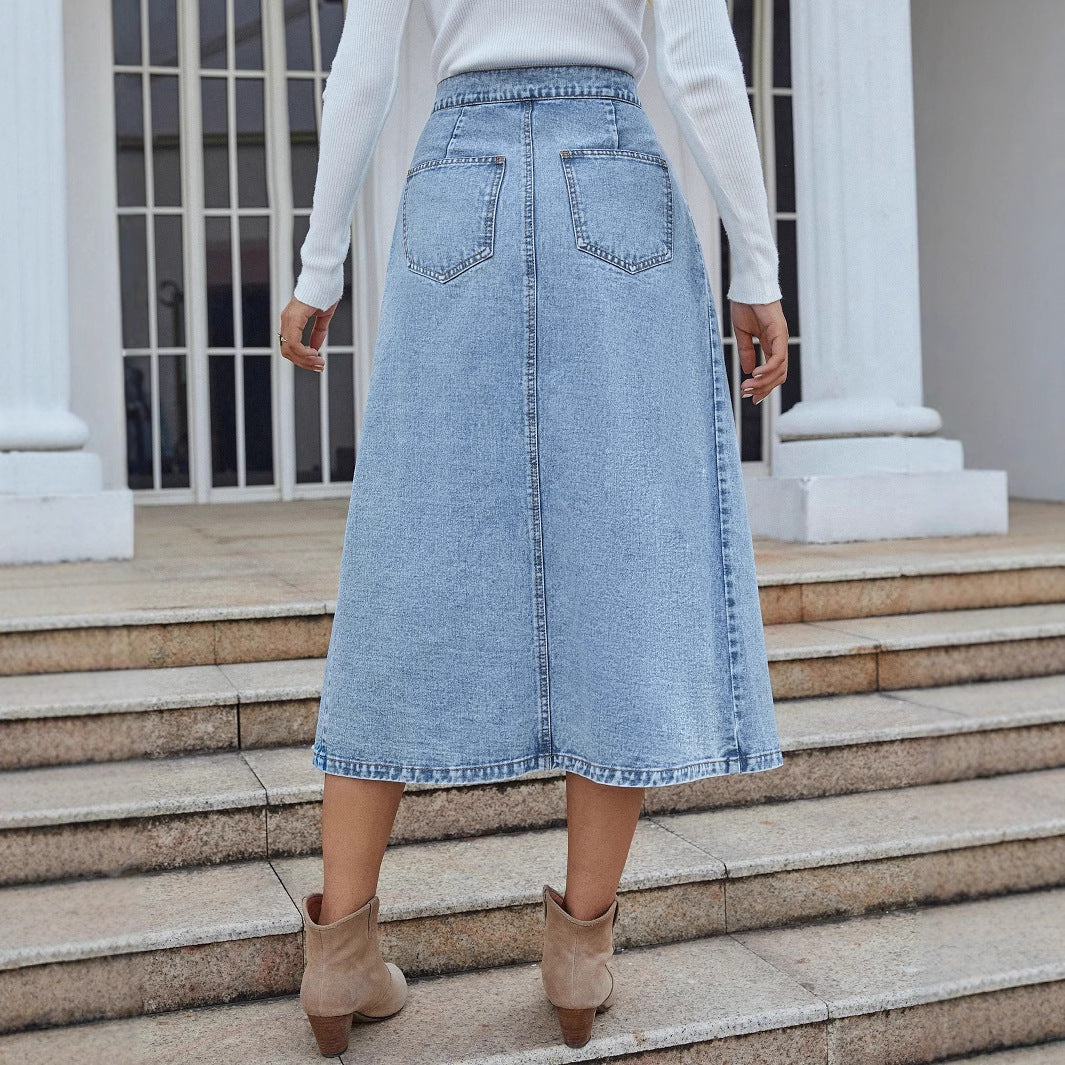 Hera Women's Denim Midi Skirt | Asymmetrical Cut, Button Details 5