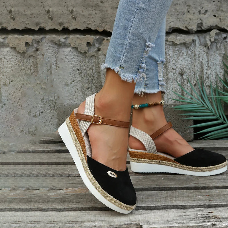 Hera Women's Wedge Sandals | PU and Linen, Round Toe Design 6