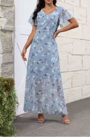 Women's Pink Floral Maxi Dress – Elegant Summer Chiffon Dress with Flutter Sleeves