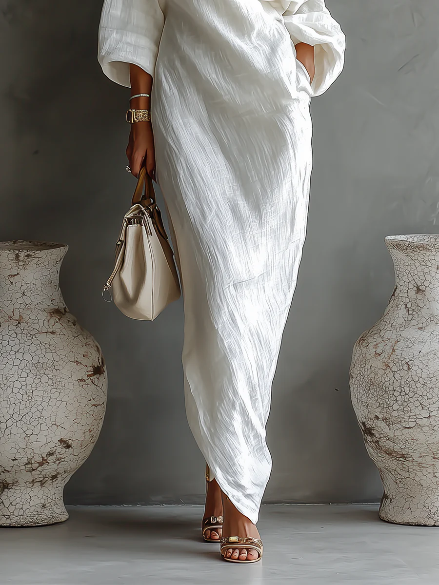 Ivy Women's Maxi Dress | Ivory White One-Shoulder, Elegant Polyester-Linen Blend 2