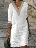 Lina Women's Summer Dress | Linen Blend V-Neck with Lace Trim 0