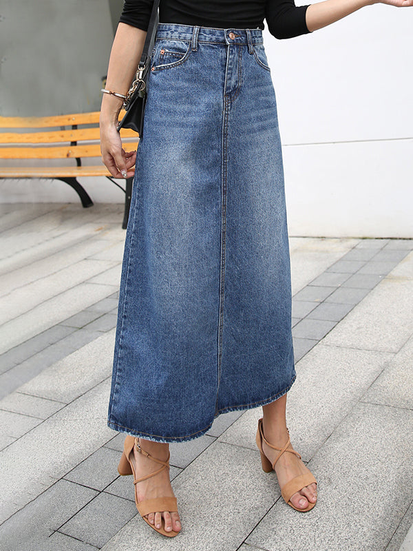 Luna Women's Denim Skirt | High Waist with Pockets, Long Length 0