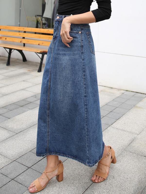 Luna Women's Denim Skirt | High Waist with Pockets, Long Length 1