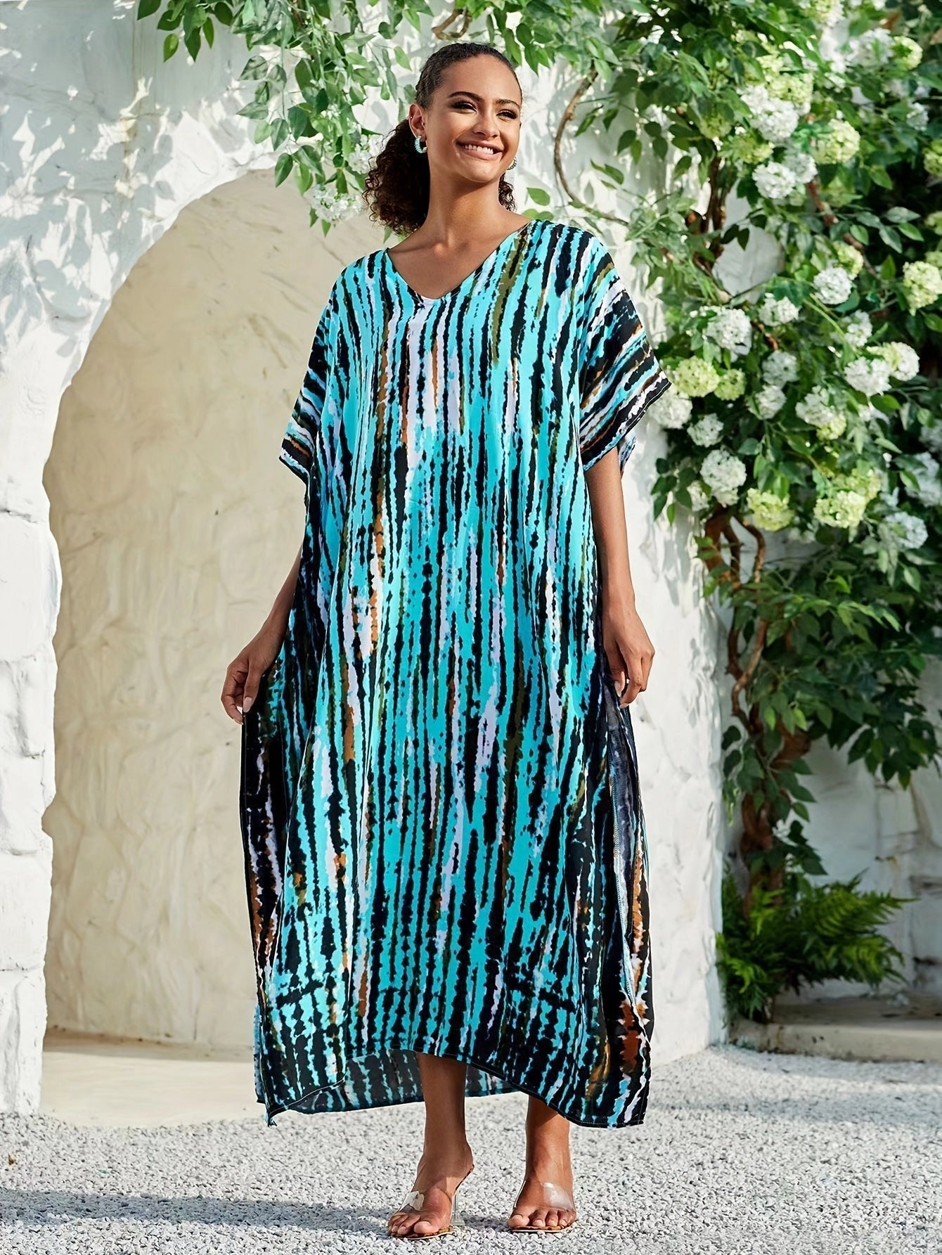 Sofia Women's Plus Size Maxi Dress | Lightweight Turquoise and Black Kaftan 1