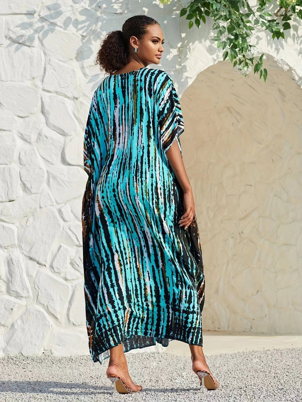 Sofia Women's Plus Size Maxi Dress | Lightweight Turquoise and Black Kaftan 4