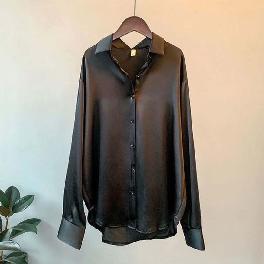 Tara Women's Satin Blouse | Loose Fit, Button Down Long Sleeve Top 2