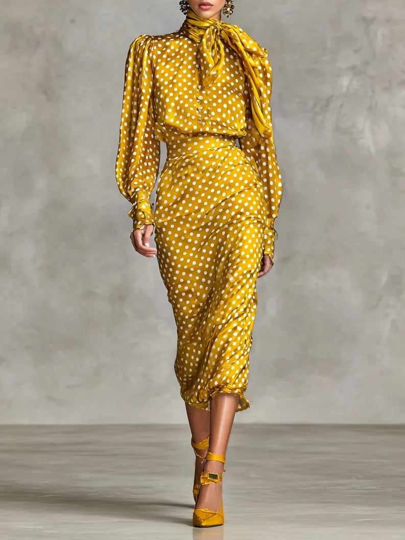 Vivi Women's Two-Piece Set | Vintage Satin Polka Dot, Fitted Midi Skirt and Shirt with Scarf 0