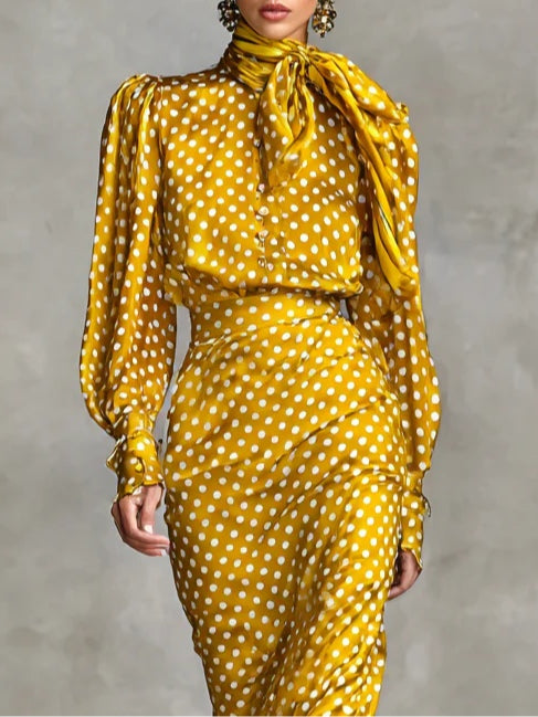 Vivi Women's Two-Piece Set | Vintage Satin Polka Dot, Fitted Midi Skirt and Shirt with Scarf 1