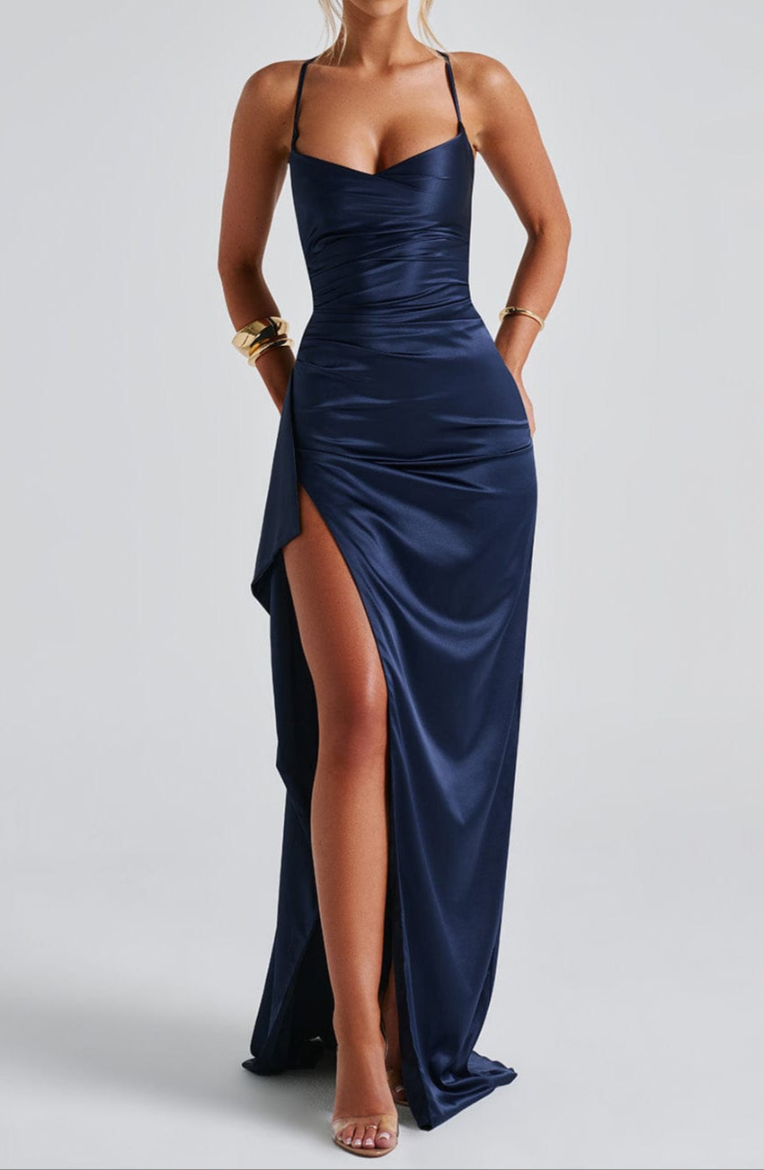 Women’s Navy Blue Evening Maxi Dress – Spaghetti Strap, High Slit, Ruched Waist
