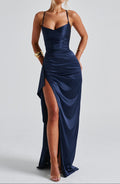 Women’s Navy Blue Evening Maxi Dress – Spaghetti Strap, High Slit, Ruched Waist