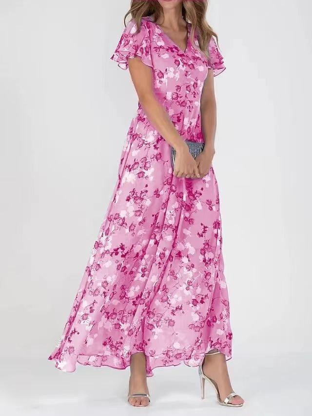 Women's Pink Floral Maxi Dress – Elegant Summer Chiffon Dress with Flutter Sleeves